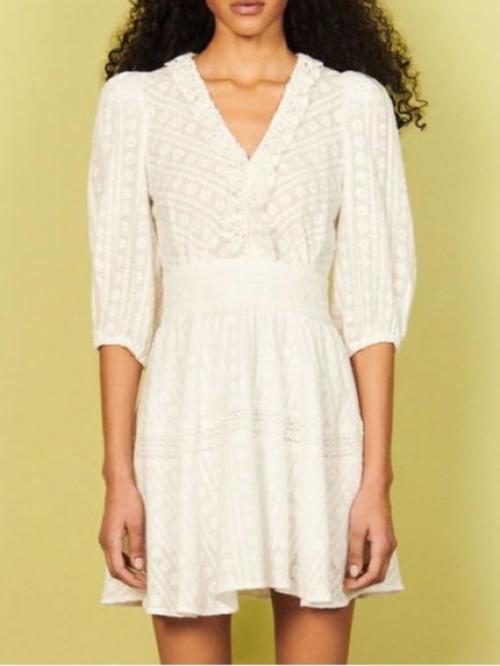 Sandro Gianni Embroidered Lace Ruffle Mini Dress Ecru Off-white Size 10